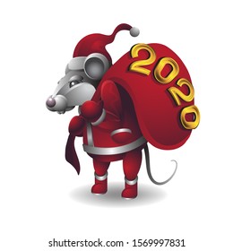 Animal mouse character in Santa Claus costume with bag of toys on white isolated background. Vector image eps 10