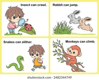 Animal movement skills: Insect can crawl. Rabbit can jump. Snakes can slither. Monkeys can climb. Fun for preschool years children. cartoon character.