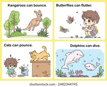 Animal movement skills: Kangaroos can bounce. Butterflies can flutter. Cats can pounce. Dolphins can dive. Fun for preschool years children. cartoon character.