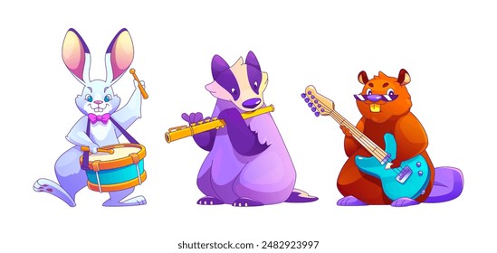 Animal Music Band Performer - niedliche Cartoon-Vektorgrafik Wild Forest Creatures Musiker für Kinderorchesterkonzert oder Kindergeburtstag Party Design. Kaninchen mit Trommel, Dachs mit Flöte und Biber mit Gitarre