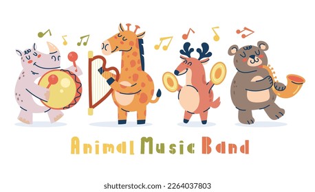 Musikkartoon Jazz Instrument Band Konzert Konzept von Animal Musik. Vektorgrafik-Design-Illustration
