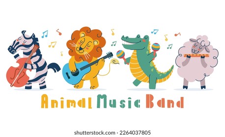 Musikkartoon Jazz Instrument Band Konzert Konzept von Animal Musik. Vektorgrafik-Design-Illustration
