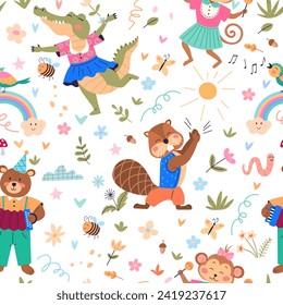 Animal music vector illustration. Creatures unite in joyful music band, transforming zoo into lively event Celebrate with cheerful orchestra animals in enchanted music party