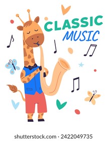 Animal music vector illustration. Creatures celebrate with orchestra, creating joyful music party The animal music concept forth magical fairy tale in heart zoo. Classic music, giraffe plays saxophone