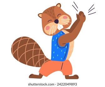 Animal music vector illustration. The festive atmosphere in zoo is enhanced by musical celebration part enchanted event where cheerful beasts perform harmonious melody. Beaver clapping his hands