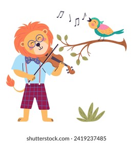 Animal music vector illustration. Happy animals come together to perform cheerful melody in music magical animal music festival turns. A lion plays the violin, a bird sings while sitting on a branch