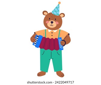 Animal music vector illustration. Happy beasts come together in joyful music party within enchanted zoo celebrate with cheerful music band, turning zoo into lively event. Bear plays the accordion