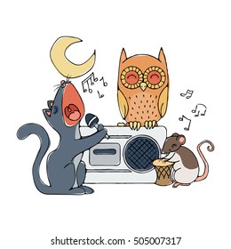 Animal musical band, cat, rat and owl. Karaoke illustration.