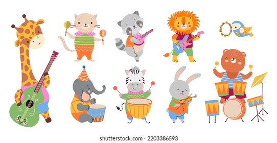 Animal musician party. Wild animals play musical instruments. Cute celebration or festival, cartoon kids characters. Nowaday funny vector musicians