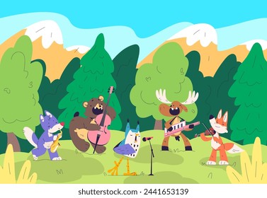 Animal musicians band concert. Animals musician orchestra performing in forest, instrumental music party play saxophone fun nature characters vector illustration of concert music band with instrument