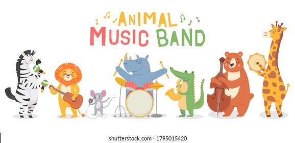 Animal musicians characters. Funny animals play musical instruments, musicians with guitar, sax and maracas, violin kids cartoon vector set. Iillustration musician animal, character with instrument