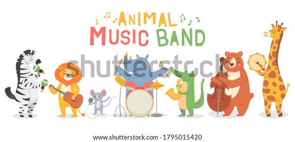 Animal musicians characters. Funny animals\
play musical instruments, musicians with guitar, sax and maracas,\
violin kids cartoon vector set. Iillustration musician animal,\
character with\
instrument