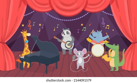 Animal musicians characters on theatre stage. Giraffe, rhino, crocodile and panda playing piano, drums and saxophone. Mouse singing song in microphone, musical band or orchestra vector