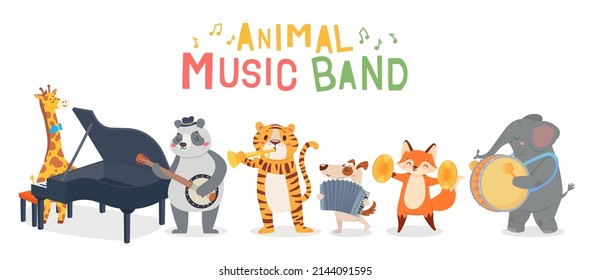 Animal musicians characters playing different musical instruments. Jazz band performing melody. Giraffe playing piano, elephant with drum, tiger with trumpet, festival or show vector illustration