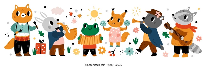 Animal musicians. Funny forest orchestra. Instrumental band. Happy badger and guitar player. Frog with accordion. Fox plays drum. Flutist and saxophonist. Vector musical