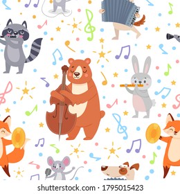 Animal musicians seamless pattern. Funny animals musicians play different musical instruments wallpaper, wrapping or textile vector texture. Musician animal with instrument orchestra