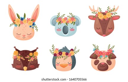 Animal Muzzles and Heads with Flower Wreath on Top Vector Set