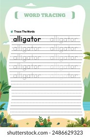 Animal Name Tracing Worksheet for Kids Alligator