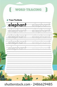 Animal Name Tracing Worksheet for Kids Elephant