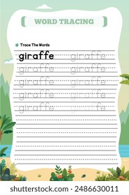 Animal Name Tracing Worksheet for Kids Giraffe