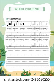 Animal Name Tracing Worksheet for Kids Jellyfish