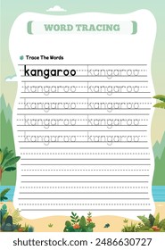 Animal Name Tracing Worksheet for Kids Kangaroo