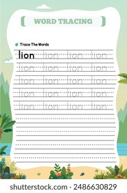 Animal Name Tracing Worksheet for Kids Lion