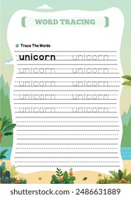 Animal Name Tracing Worksheet for Kids Unicorn