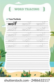 Animal Name Tracing Worksheet for Kids Wolf