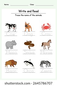 Planilha de rastreamento de nome de animal para crianças. Aprenda a escrever e ler nomes de animais. Imprimível para pré-escola e jardim de infância.