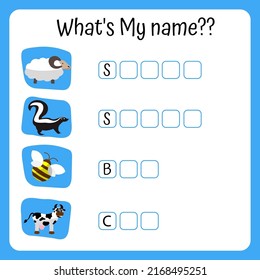 Animal Names Worksheet. Cute animals. Educational activity for preschool kids. Preschool Education. Vector illustration.