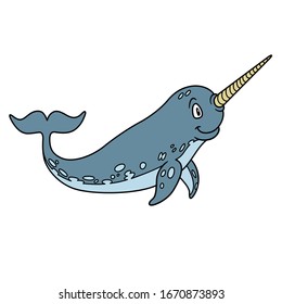 animal narwhal. Vector illustration. For pre school education, kindergarten and kids and children. For print and books, zoo topic. ocean, sea and underwater fish species. unusual and rare animal