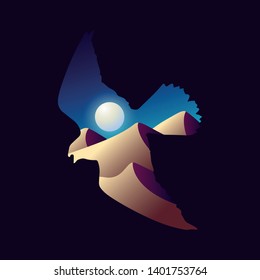 Animal and Nature Double Exposure. Bird Silhouette with Landscape Desert and Sun. Abstract vector Illustration for your Design.