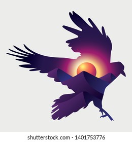 Animal and Nature Double Exposure. Bird Silhouette with Landscape Desert and Sun. Abstract vector Illustration for your Design.