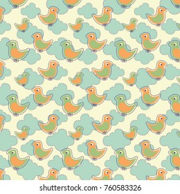 Animal nature pattern with birds and clouds, vector illustration.
