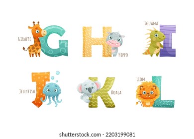 Animal Near Big Alphabet Letter with Name for Preschool Education Vector Set