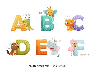 Animal Near Big Alphabet Letter with Name for Preschool Education Vector Set