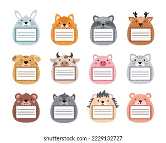 Animal notebooks labels. Cute pastel scrapbook tag sticker, notebook owner name frame with pet face and tag border vector set. Childish badges with rabbit, fox, raccoon for education