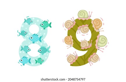 Animal Number and Numeral with Fish and Snail Vector Set