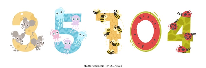 Animal Number or Numeral with Zoo Creatures Vector Set
