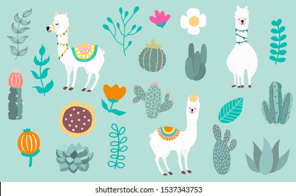 Animal object collection with llama,cactus.Vector illustration for icon,logo,sticker,printable.Editable element