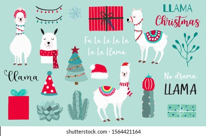 Animal object collection with llama,cactus.Vector illustration for icon,logo,sticker,printable.Editable element.No drama llama