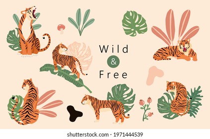 animal object collection with tiger, leaf,jungle. illustration for icon,sticker,printable