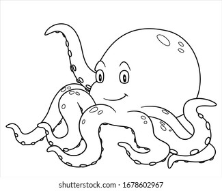 animal octopus. vector illustration. For pre school education, kindergarten and kids and children. Coloring page and books, zoo topic. sea ocean animal with smiling happy face, friendly and tentacles