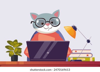 Animal office workers working at computer concept. Vector flat graphic design illustration
