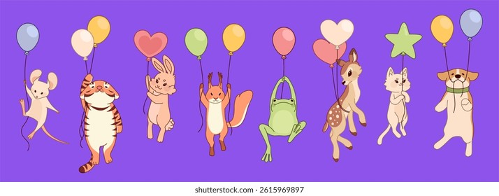 Animal on birthday. Cute mammals hanging on balloons. Holiday celebration card. Fox kid. Koala and panda. Cartoon vintage illustration. Little baby invitation. Vector children forest characters set