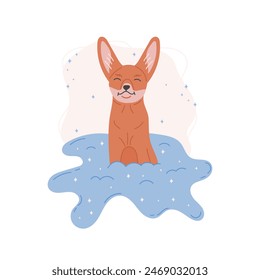 Animal on clouds concept. Sleepy fox on a cloud concept. Cute character for children.