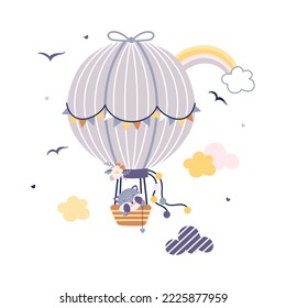 Animal on hot air balloon. Animals fly in sky, cute cartoon childish print design. Funny adorable baby design, travel flight nowaday vector background