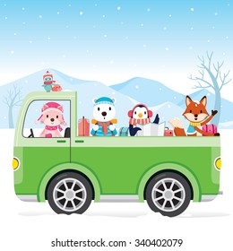 Animal On Pick Up Driving To Travel, Activity, Winter, Season, Vacation