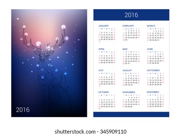 Animal on the stars and sky background with calendar 2016. Polygonal geometric space abstract deer